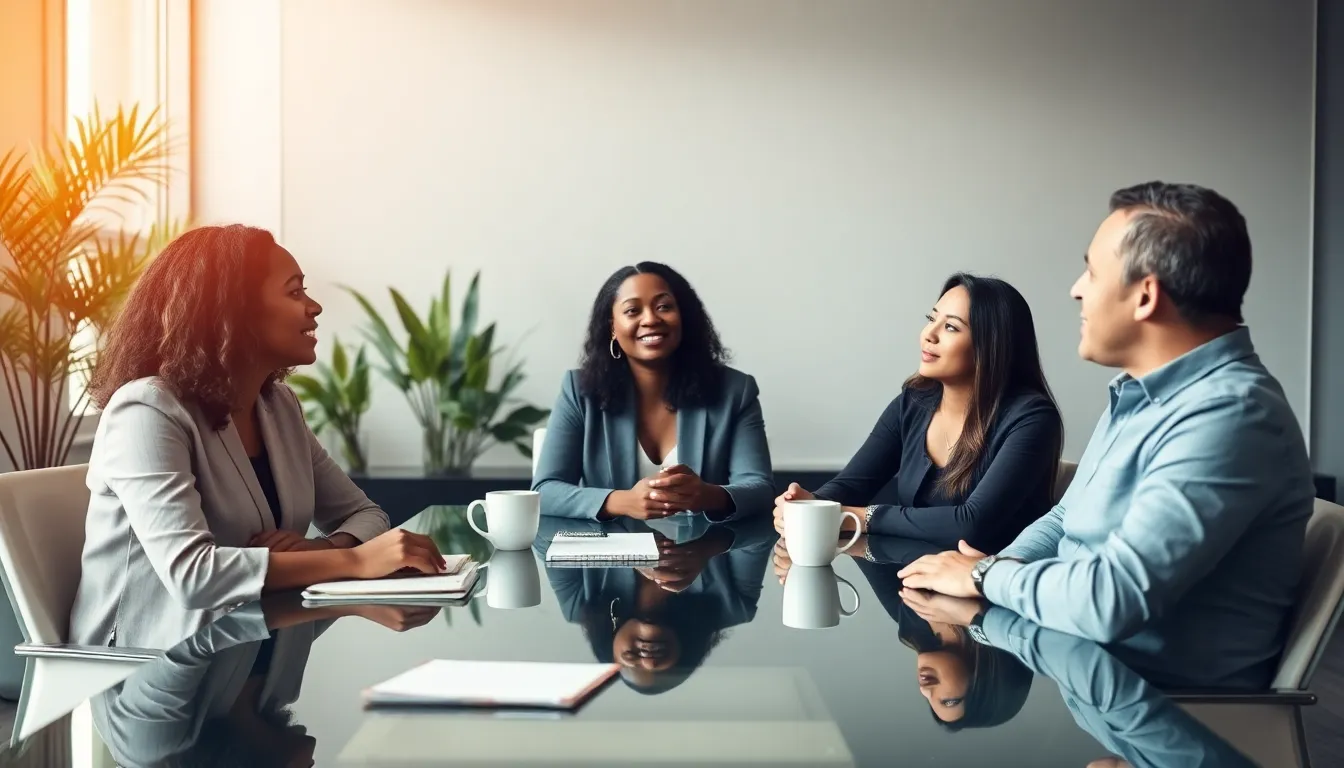 diverse team discussing emotional connections in a modern office.