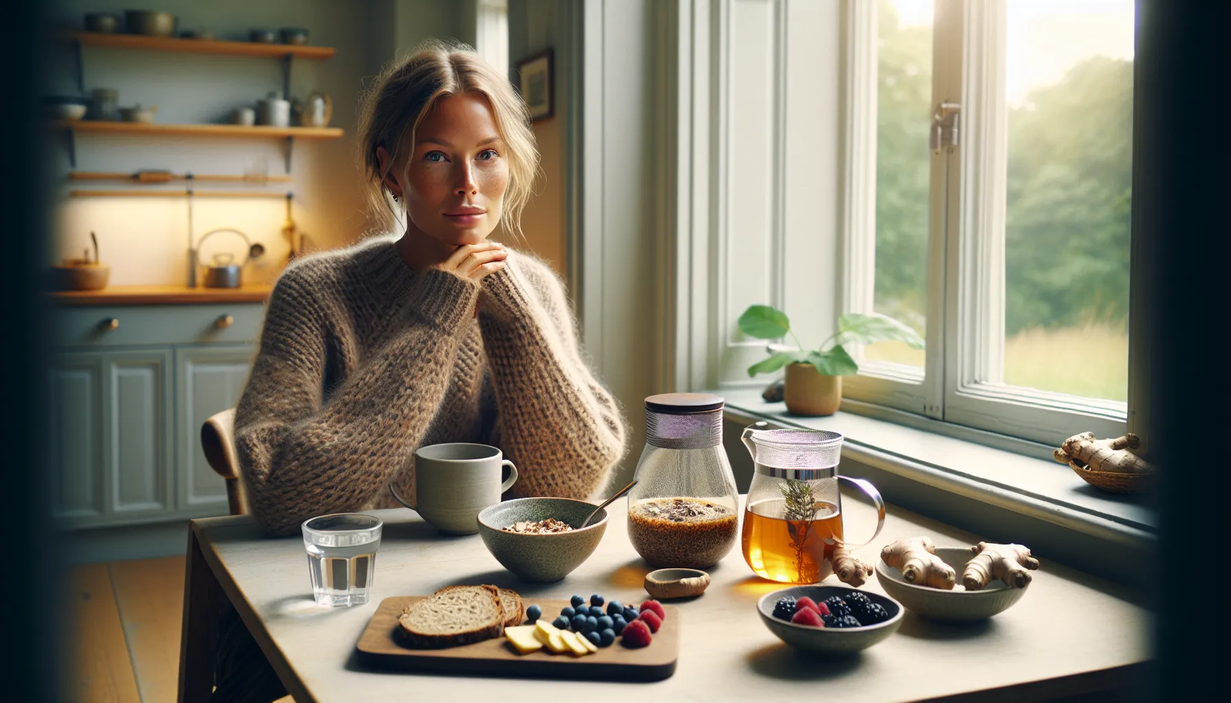 Naturlige energiboostere du kan stole på: fra koffein til gurkemeie 2 Woman enjoying natural breakfast and herbal tea in a bright norwegian kitchen.