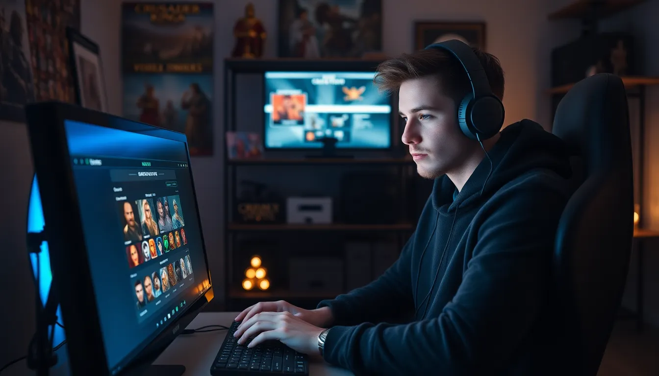 a gamer using Ck2Generator on a computer in a dimly lit room.