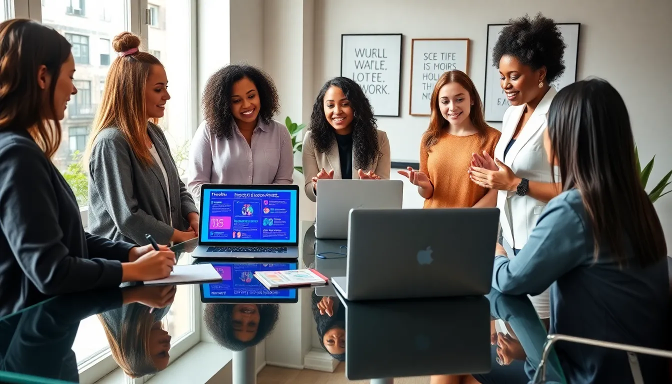 diverse women collaborating on side hustle ideas in a modern office.