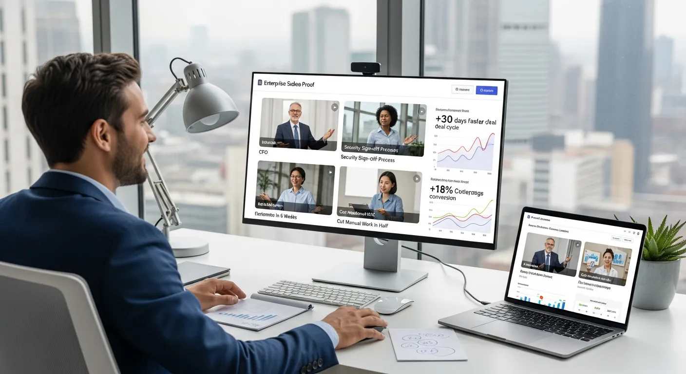 Sales leader reviews enterprise video testimonials and metrics on screens in a modern office.