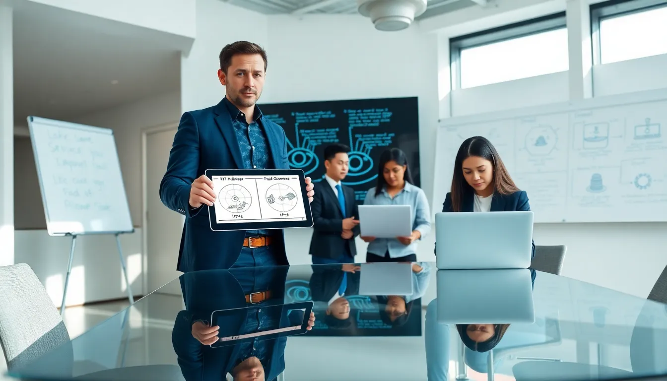 IT professionals discussing IP addresses in a modern office.