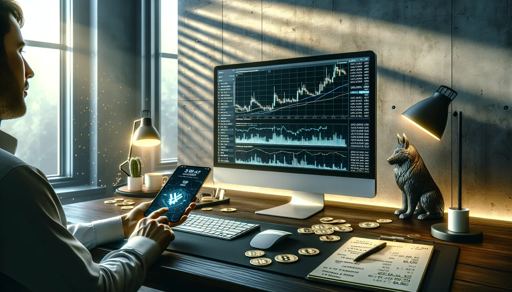 Person analyzing Floki Inu cryptocurrency charts and market data on computer screen.
