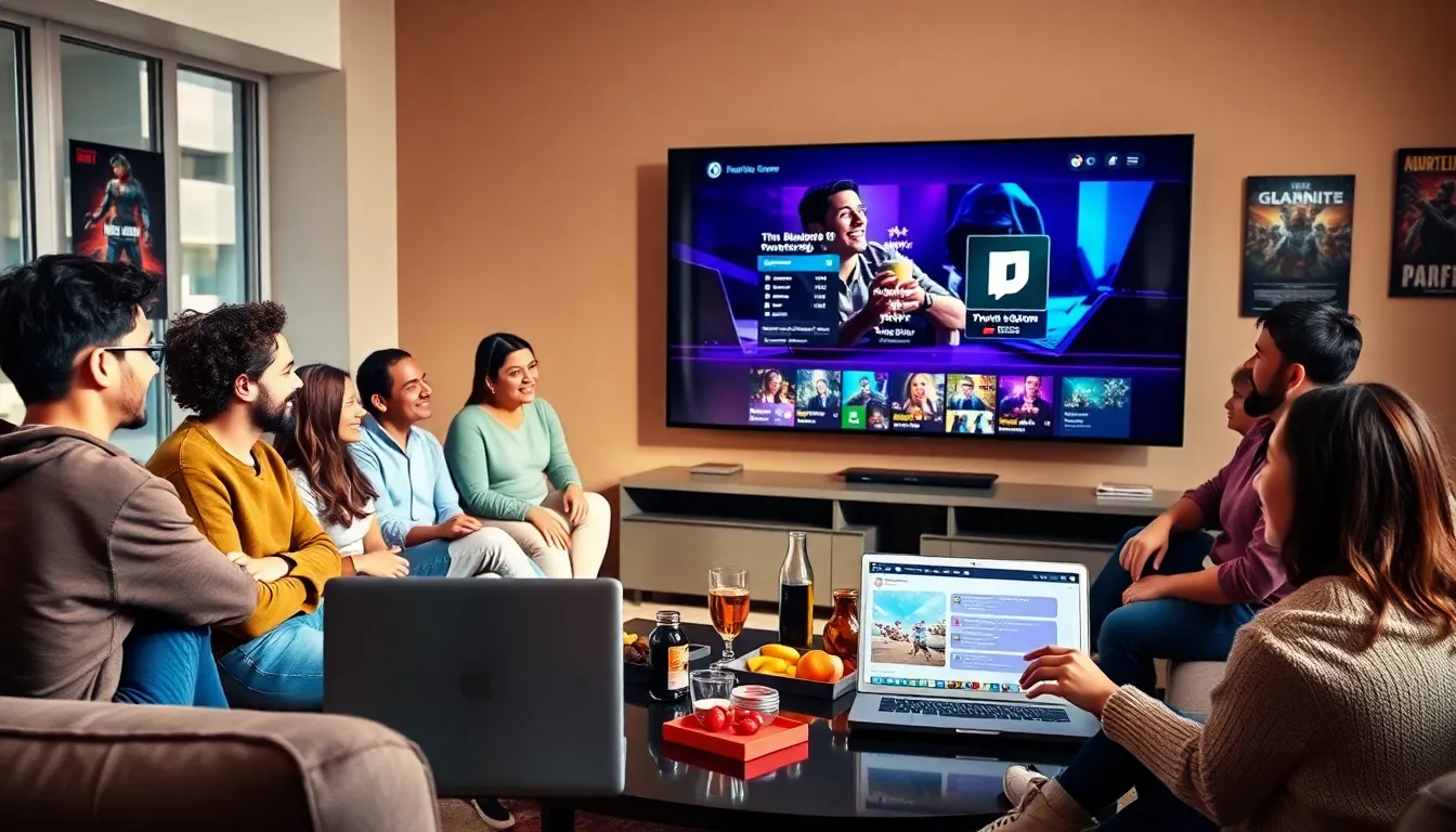 group watching Twitch stream on a large TV in a cozy living room.