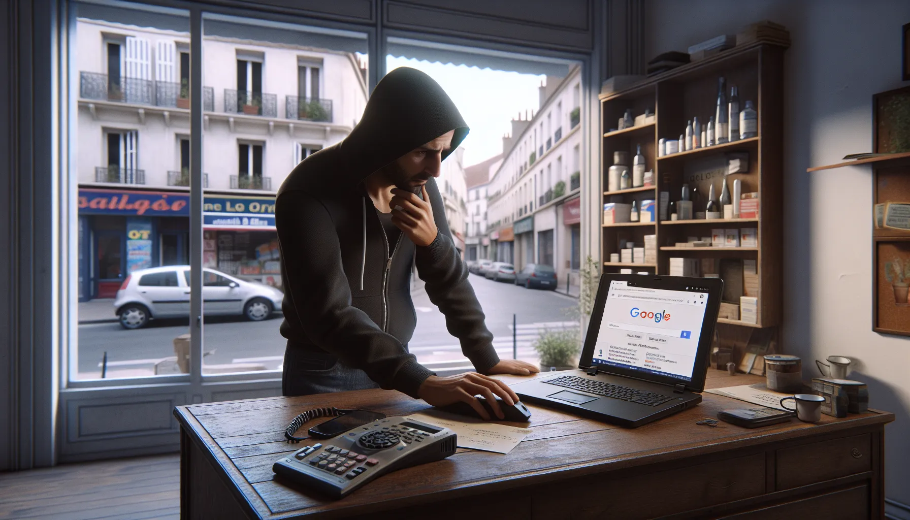 Small Sevran shop owner worriedly checking his Google ranking on a laptop.