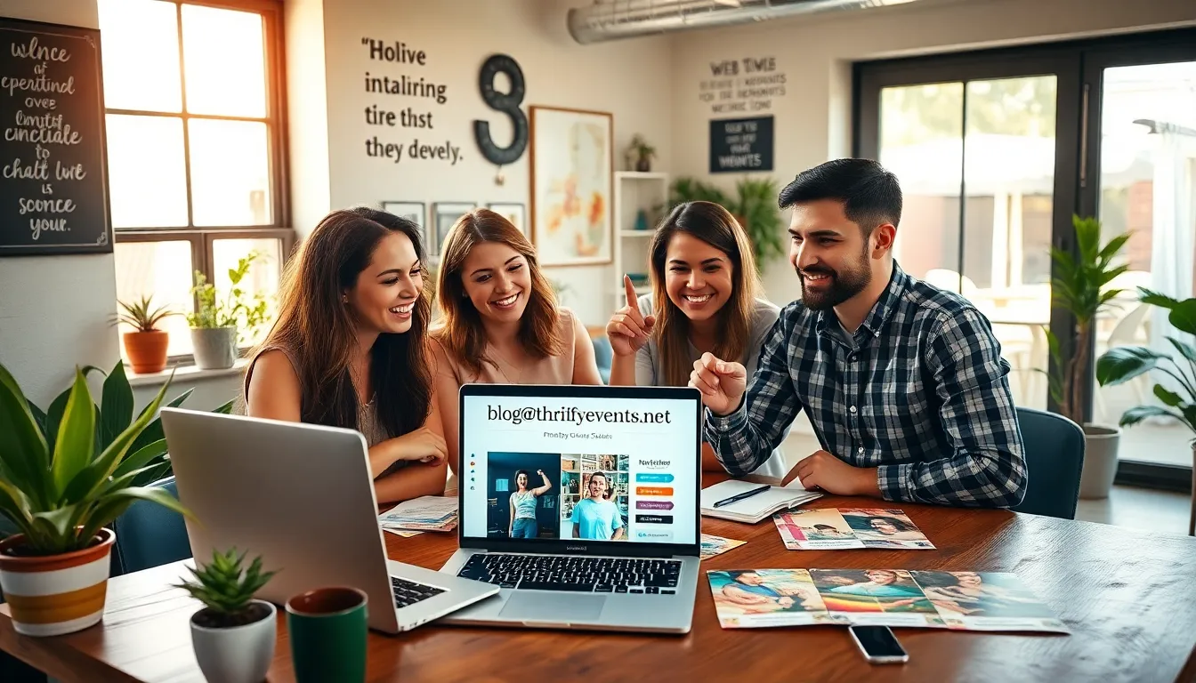 event planners collaborating over a laptop in a modern office.