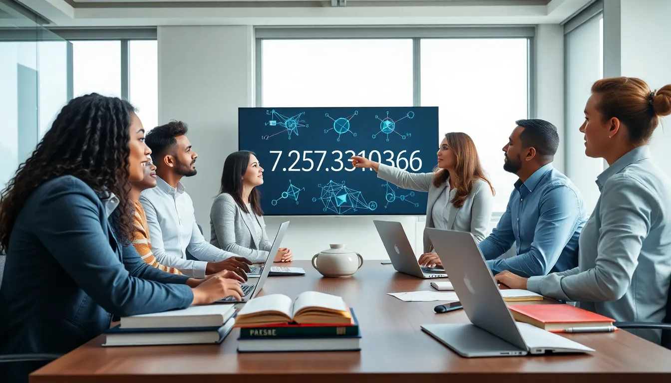 diverse team discussing mathematical properties of a number in a modern office.