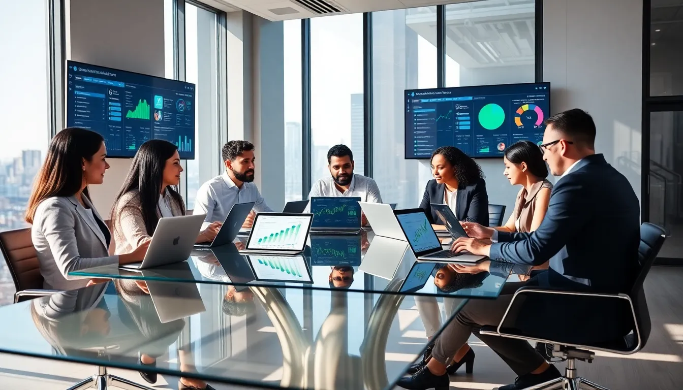 diverse team collaborating on digital marketing strategies in a modern office.