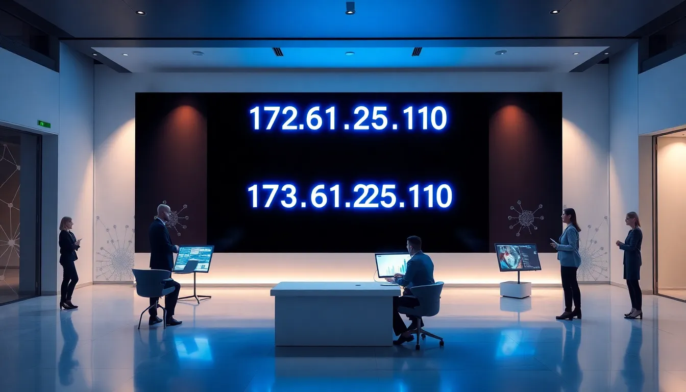 IT professionals discussing IP addresses in a modern office.