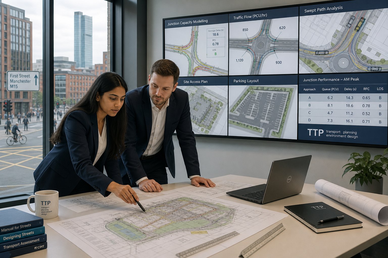 Traffic engineers reviewing Manchester development access and junction plans in a modern office.