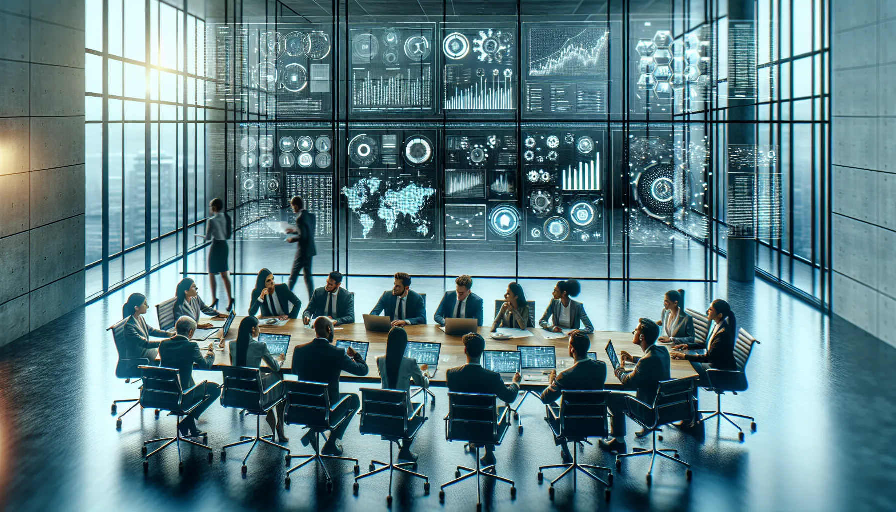 diverse professionals collaborating in a modern office setting.