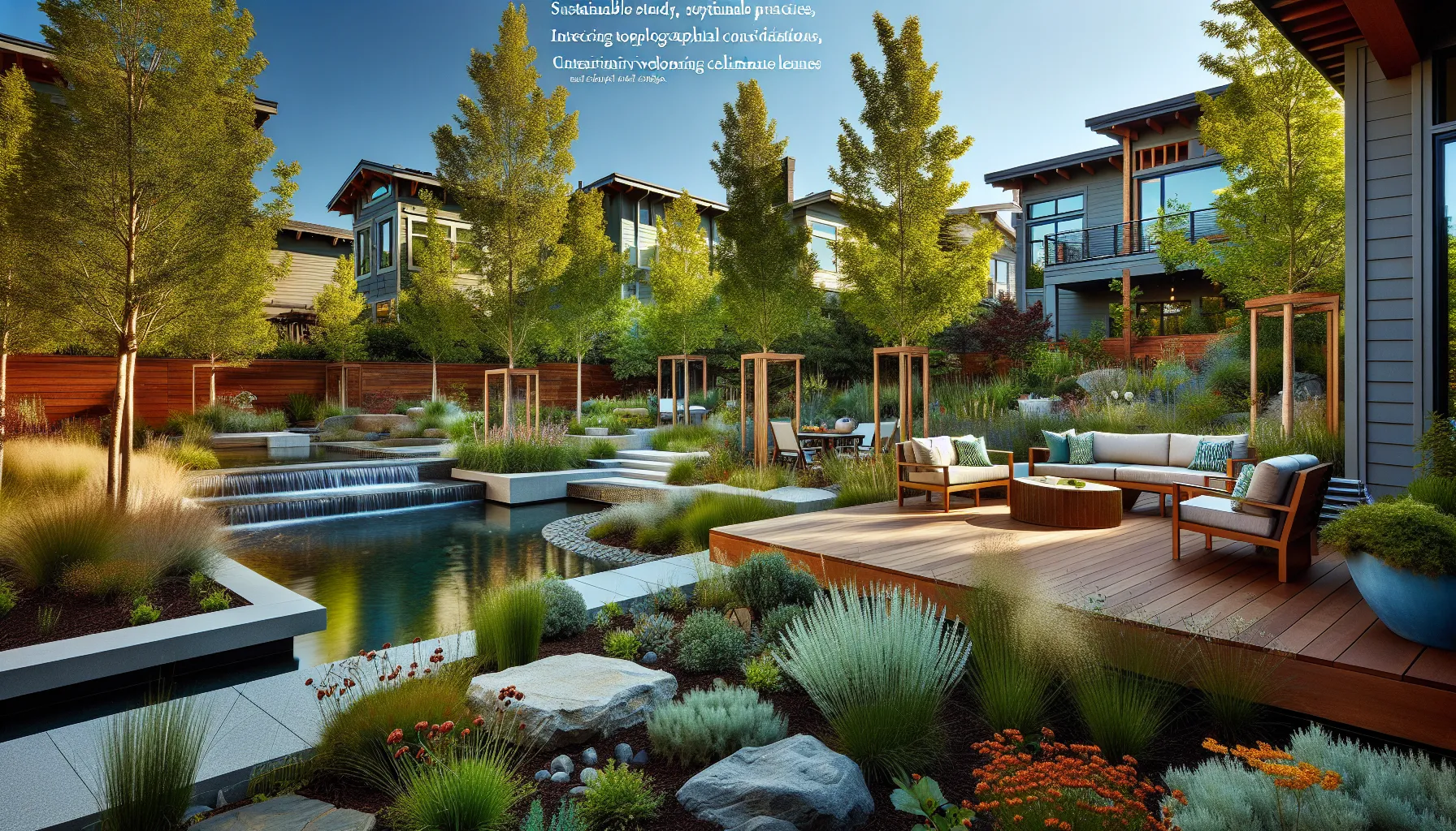 modern landscape design with native plants and outdoor seating.