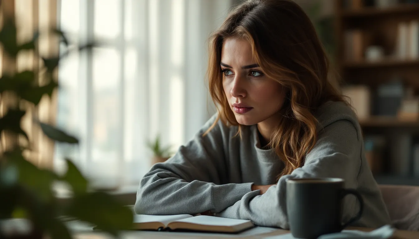 A contemplative woman sitting alone at a kitchen table, lost in thought.