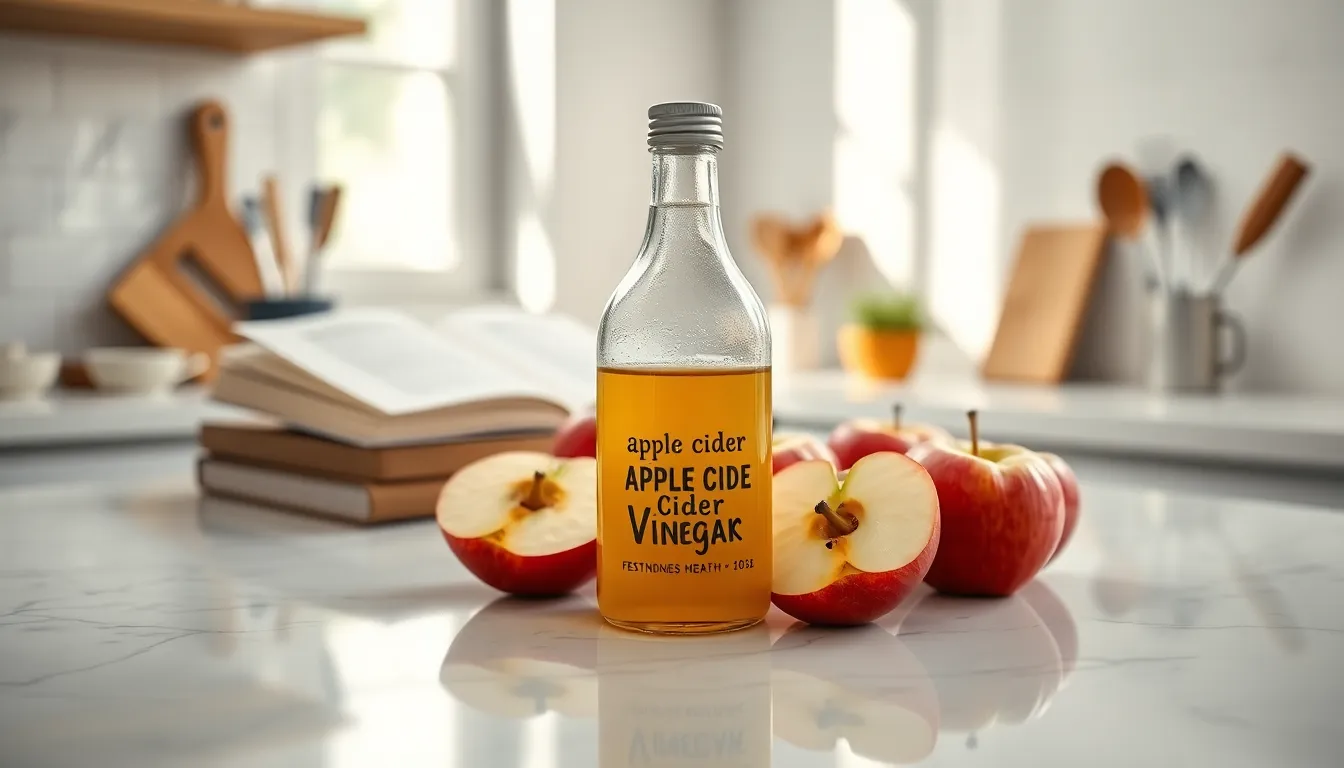 a bottle of apple cider vinegar on a kitchen counter with fresh apples.