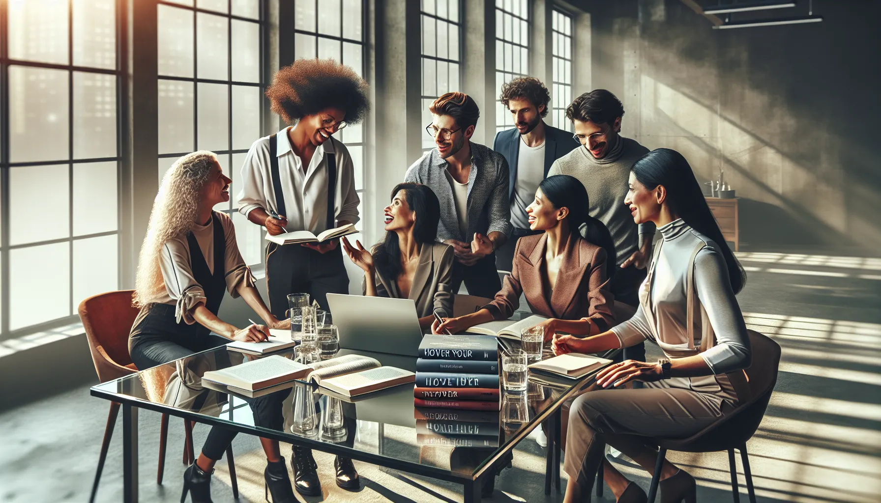 diverse team collaborating on self-publishing success in a modern office.