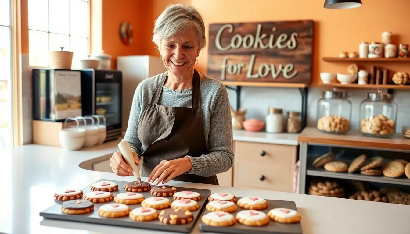 Jane Doe decorating cookies in a warm, inviting bakery.