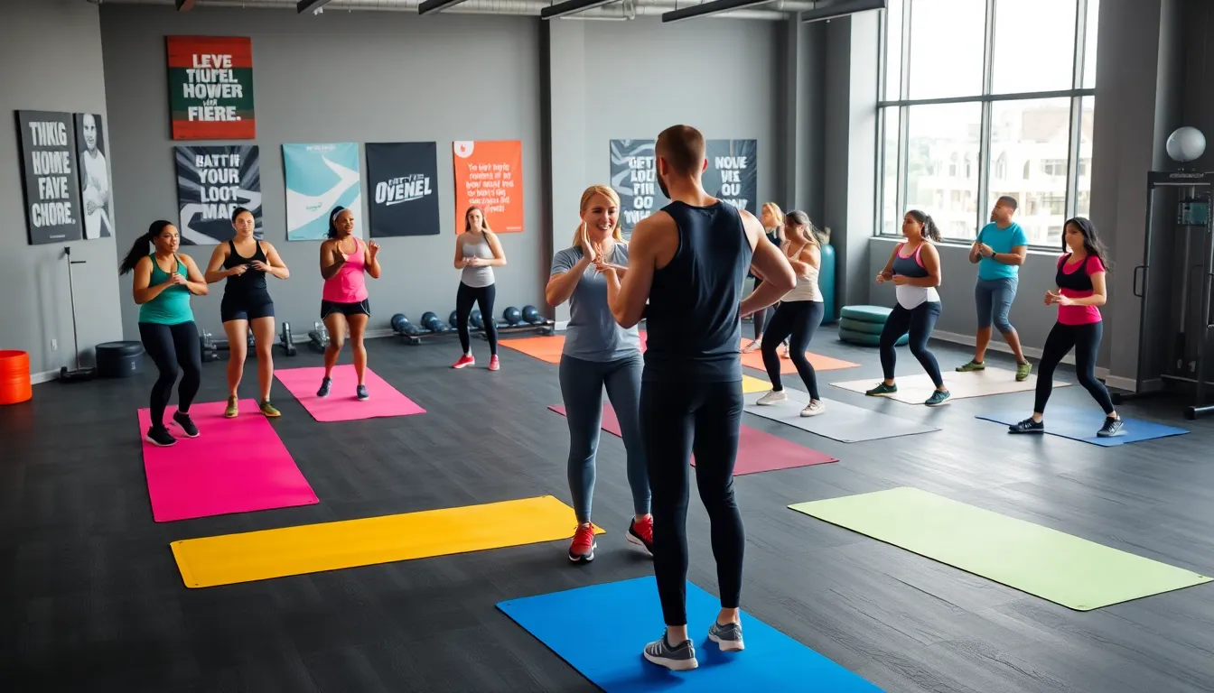 diverse individuals exercising in a modern gym setting.