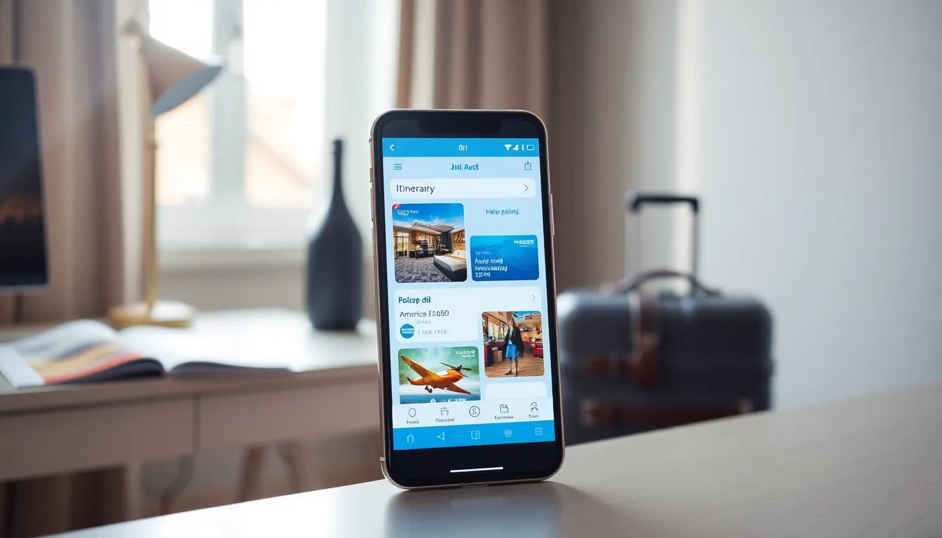 Smartphone showing the Amex Travel App in a modern workspace.