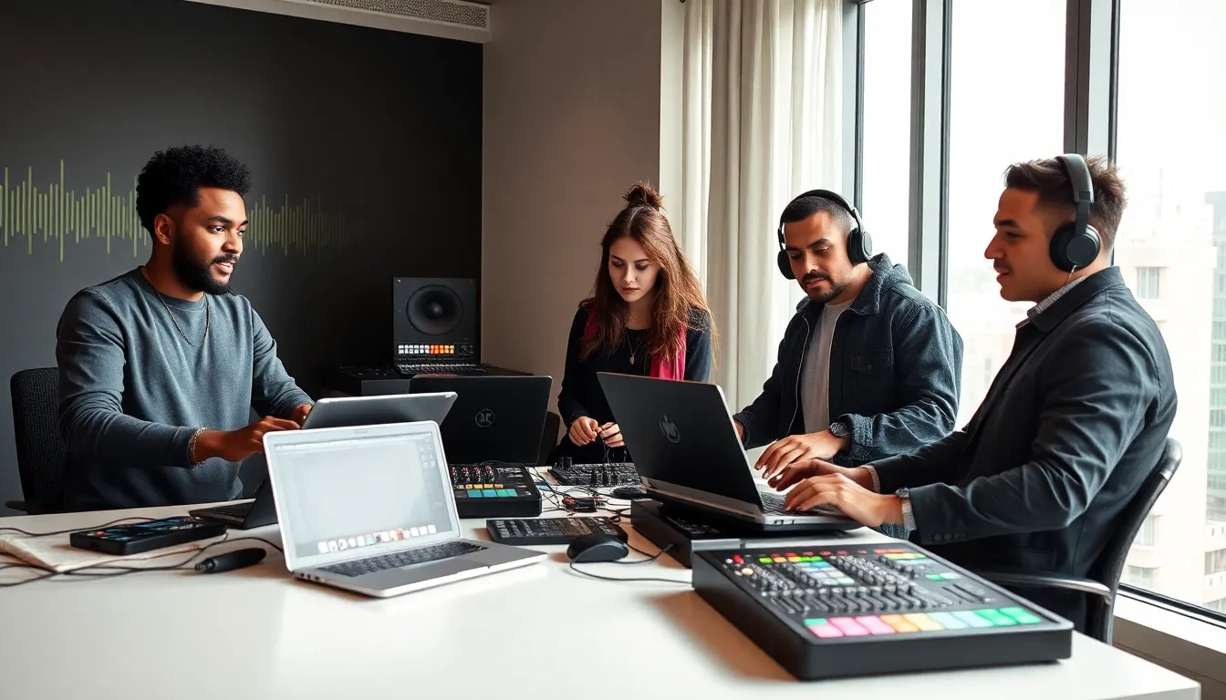 diverse professionals collaborating in a modern music production workspace.