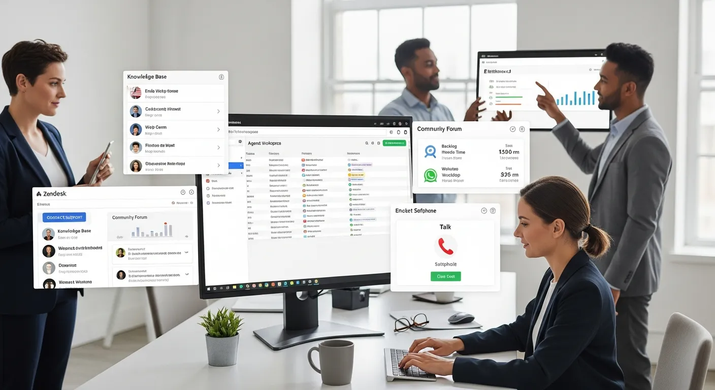 Support team using Zendesk ticketing, knowledge base, chat, and phone tools in office.