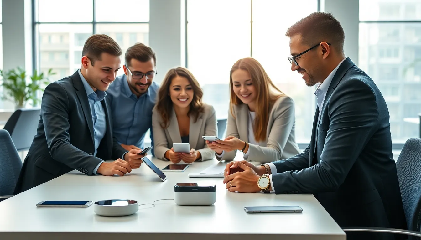 diverse professionals discussing smart gadgets in a modern office.