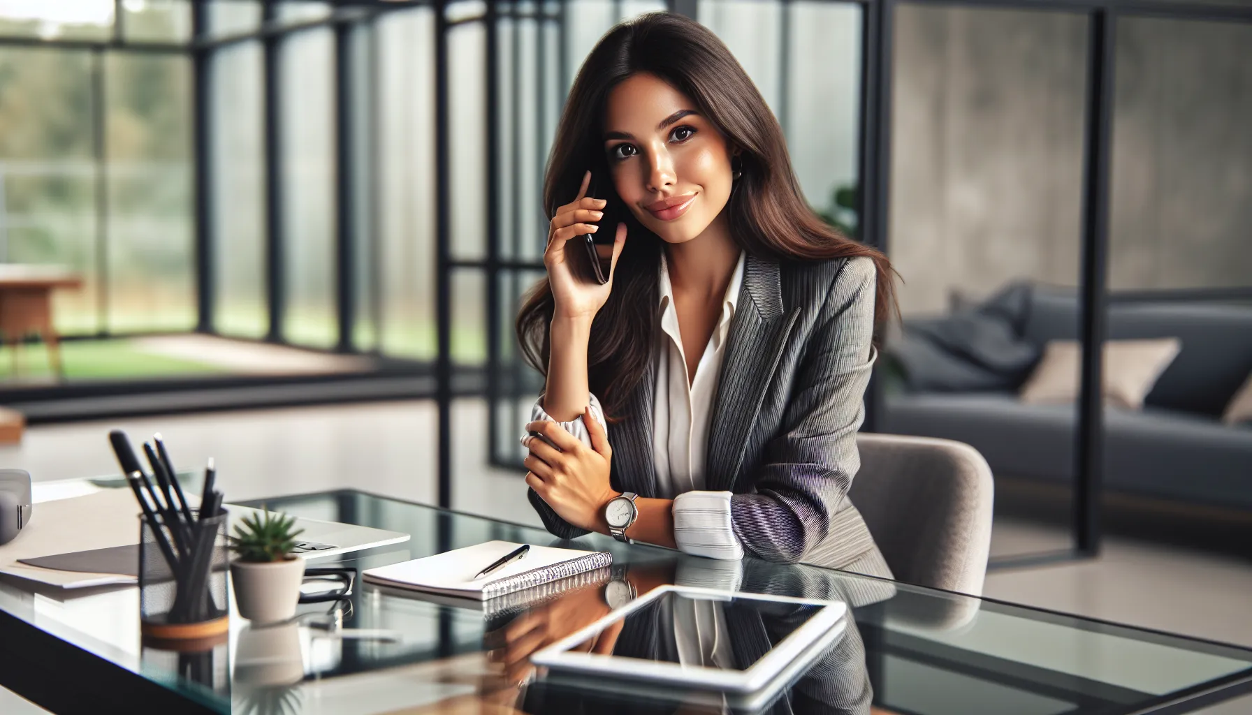 person in business attire navigating a phone call in a modern office.