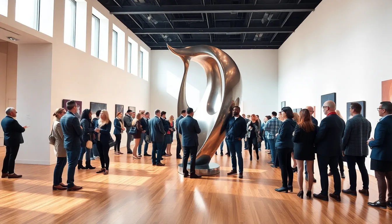 contemporary gallery with a large free standing sculpture and viewers.