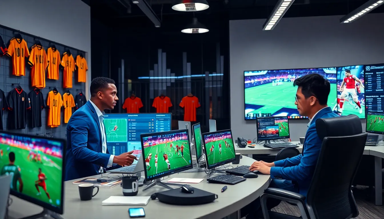 diverse team collaborating in a modern sports newsroom.
