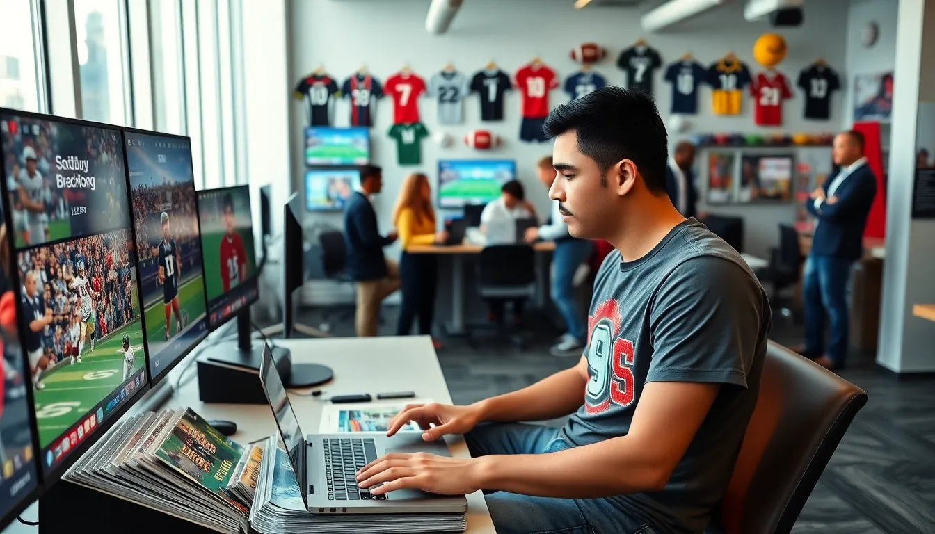 a young man in a sports news office monitoring live sports updates.