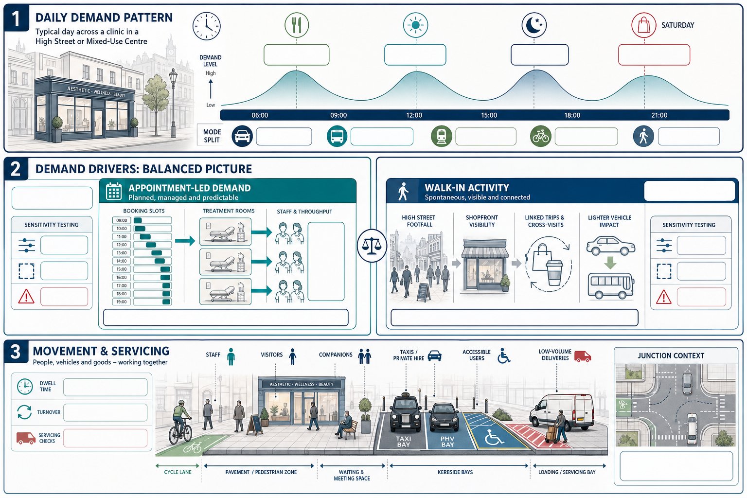 Infographic of clinic trip patterns, appointment demand, staff travel and servicing.