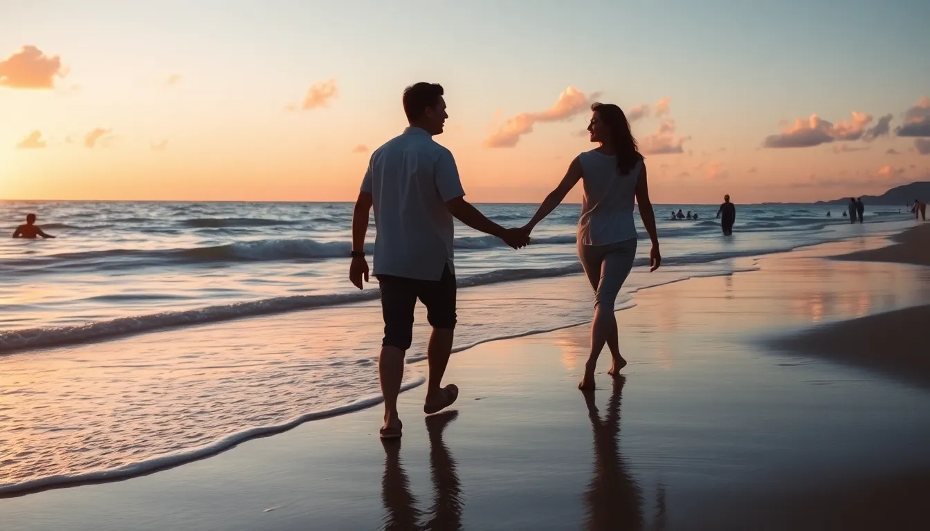 couple walking on a serene beach at sunset.