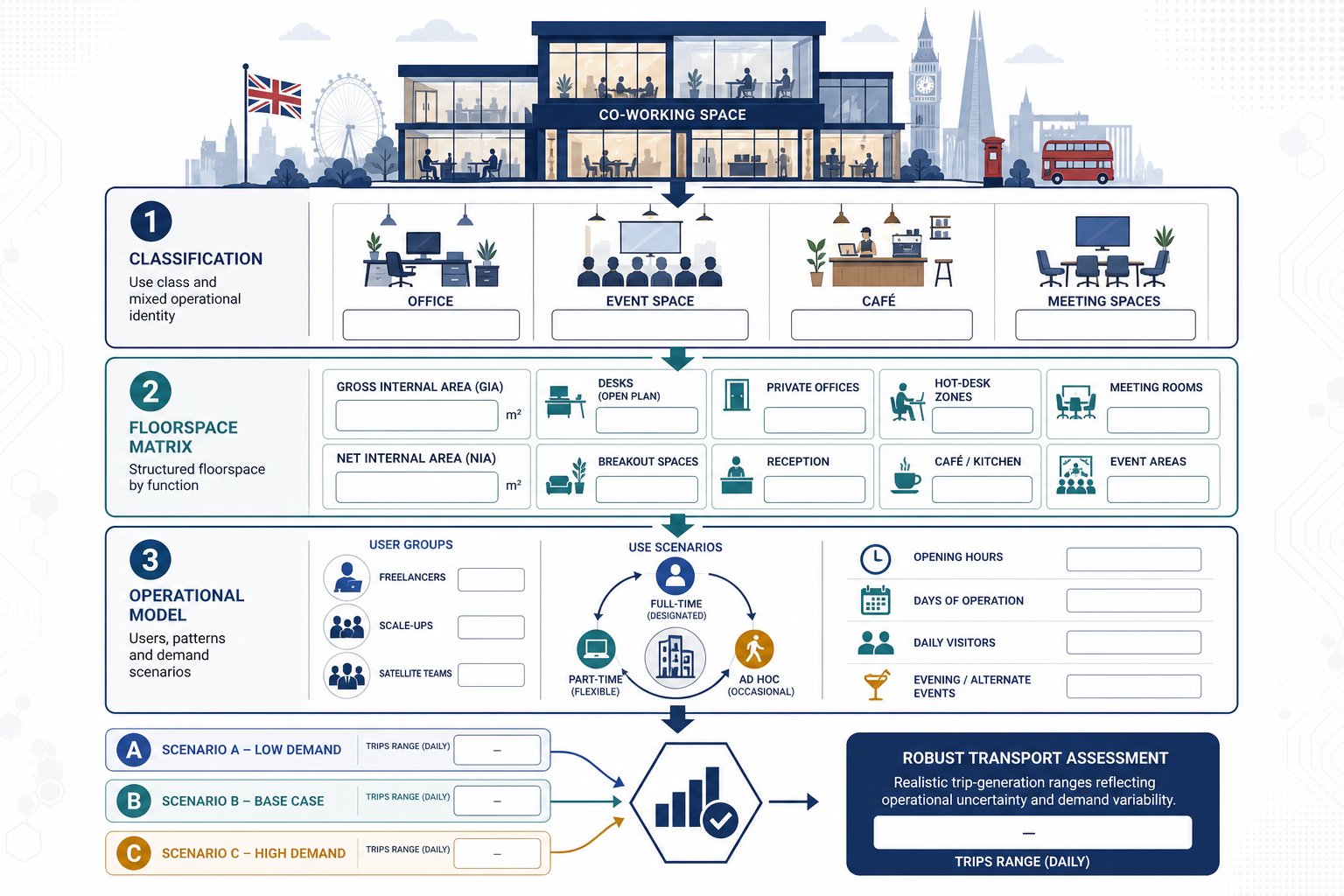 Infographic of co-working space classification, floorspace breakdown, and operating scenarios.