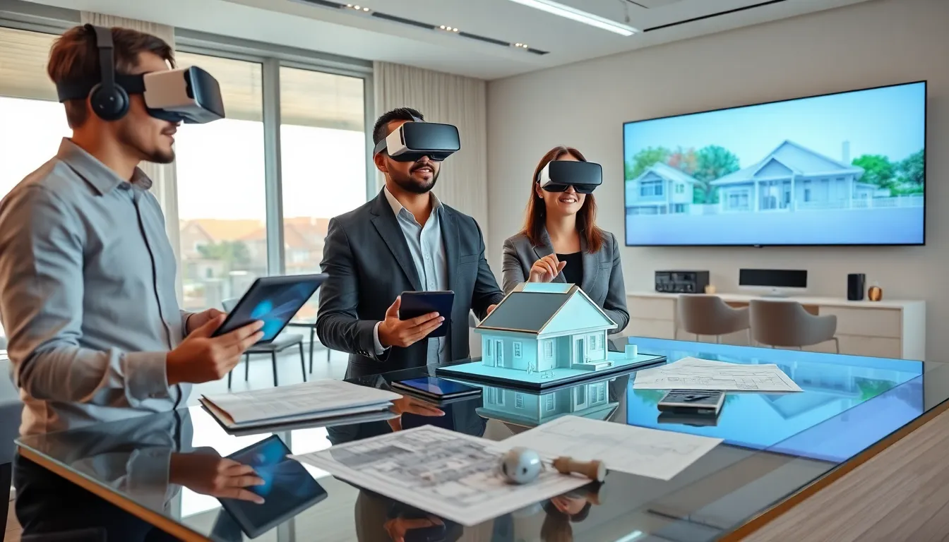 professionals using virtual reality in a modern real estate office.