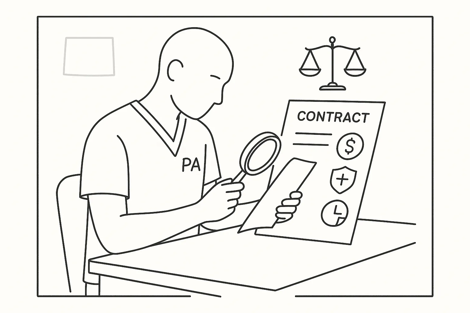 Physician assistant at desk examining a contract with legal and insurance icons.