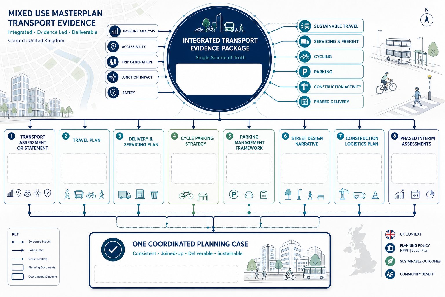 infographic of transport planning documents for a mixed-use development scheme