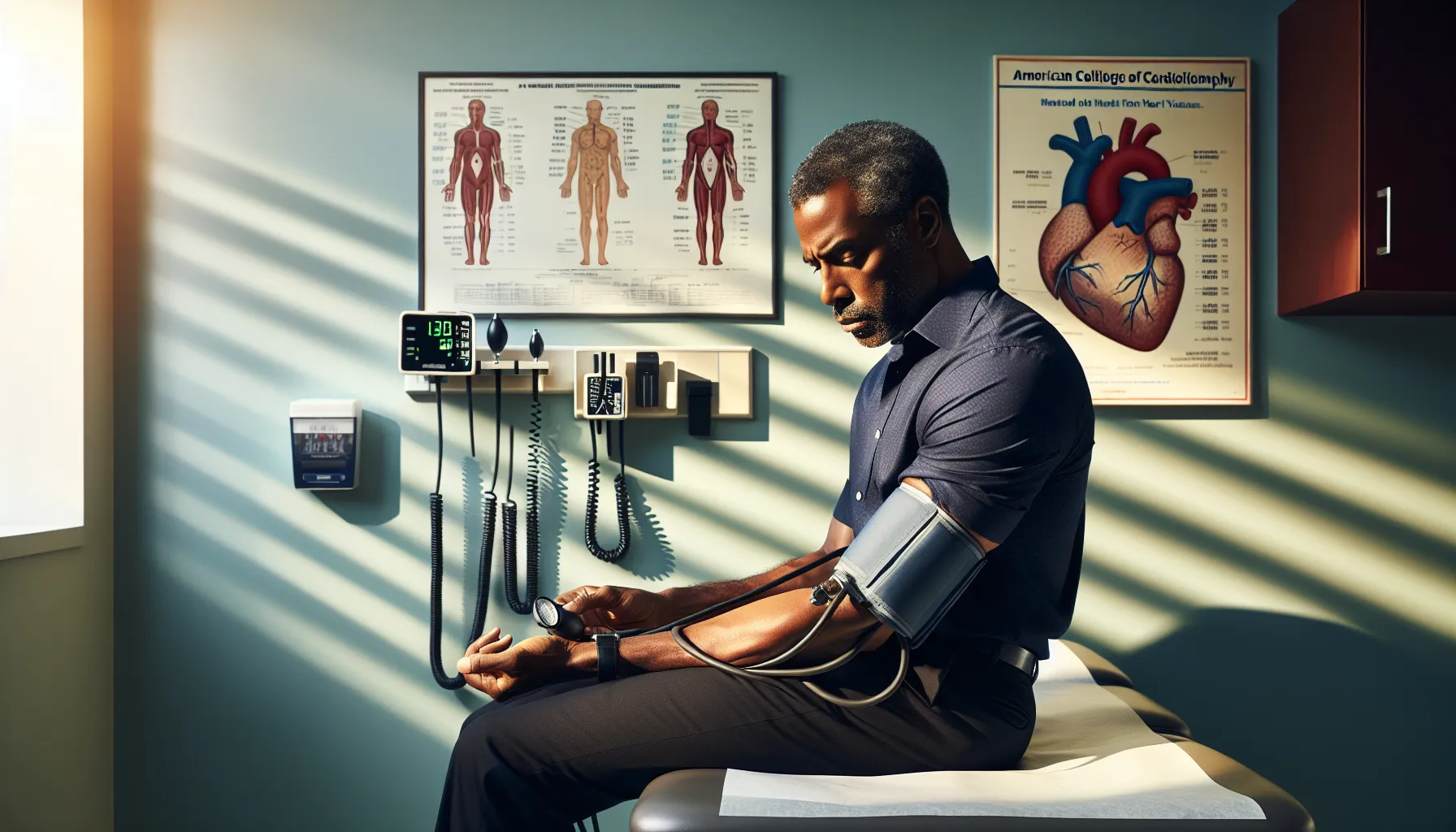 a man checking blood pressure guidelines in a doctor's office.