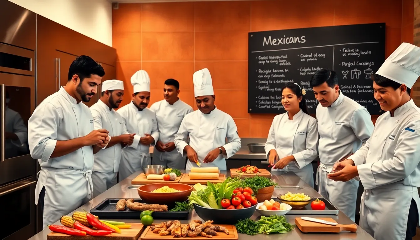 chefs preparing traditional Mexican dishes in a modern kitchen.