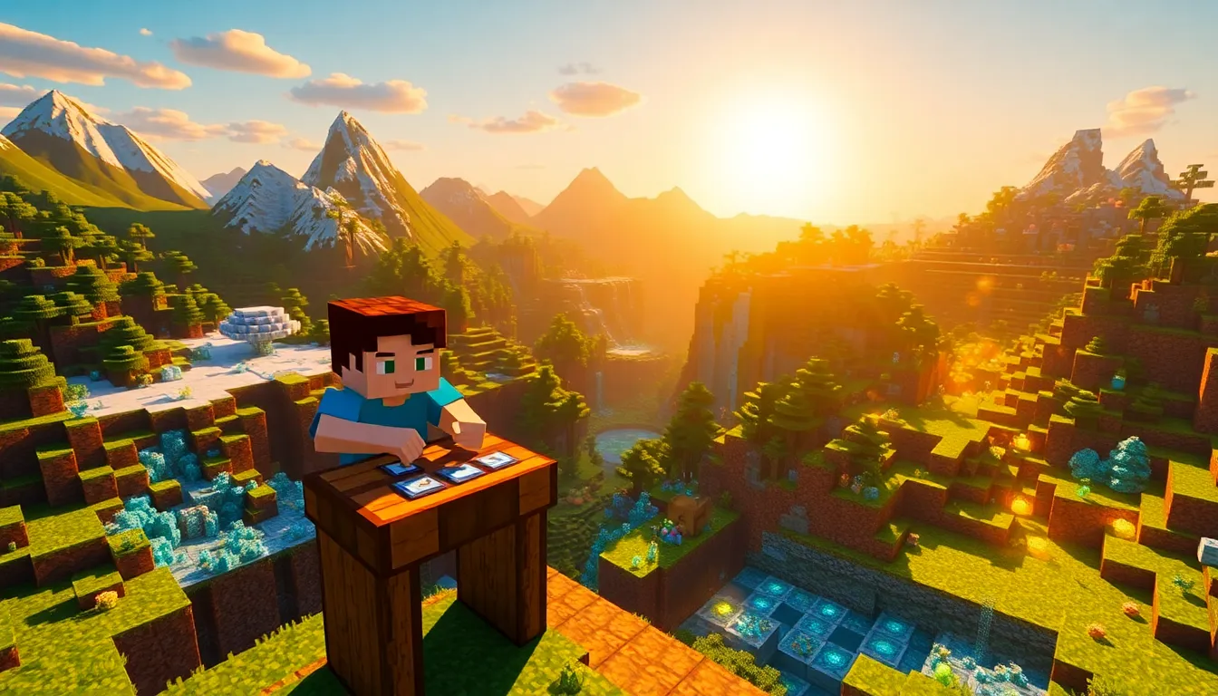 A Minecraft character crafting items in a new lush biome with mountains.
