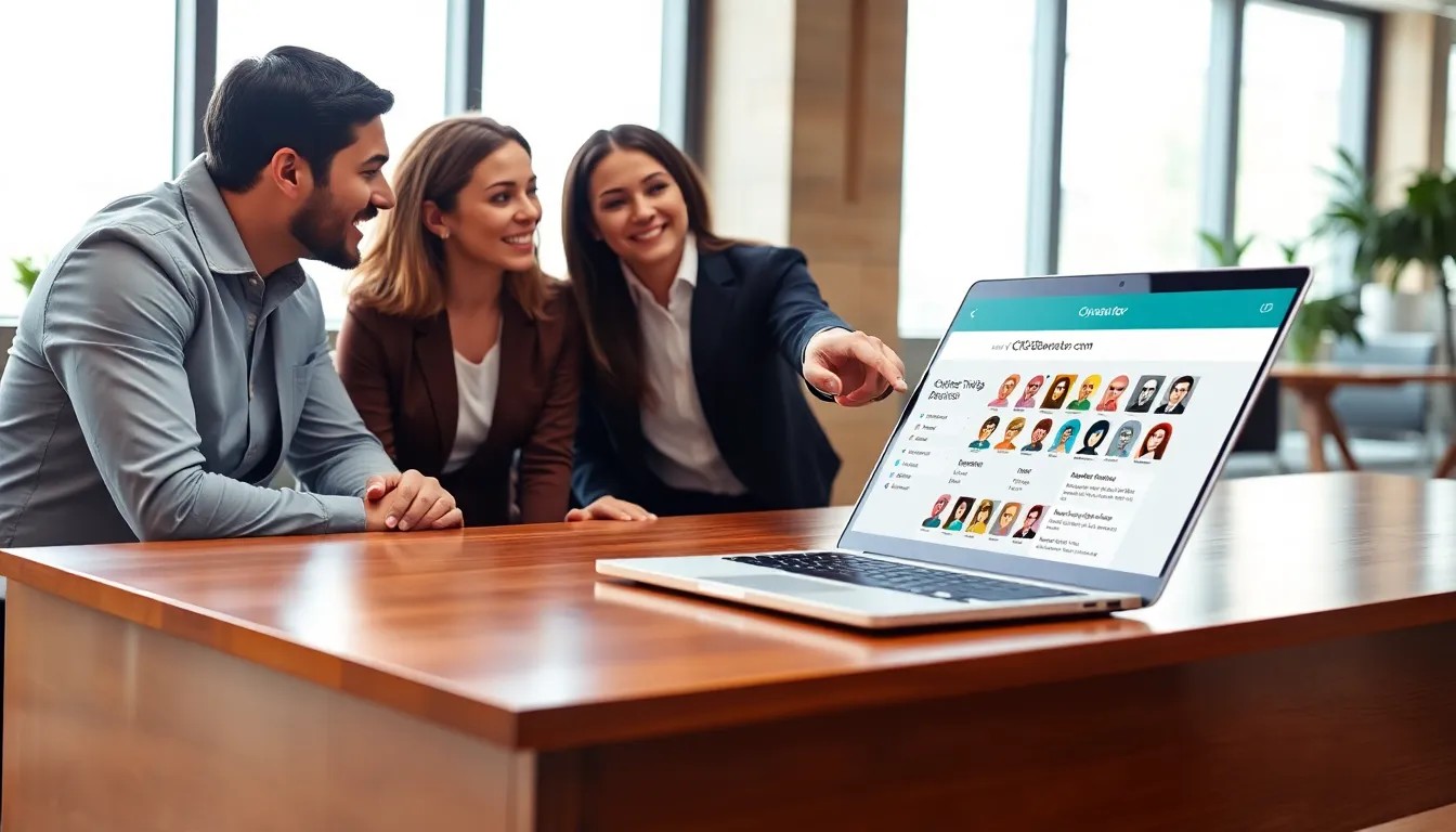 diverse team discussing CK2Generator website on a laptop in a modern office.