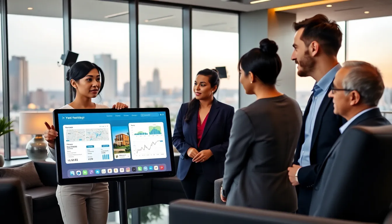 diverse team collaborating on virtual real estate investing in modern office.