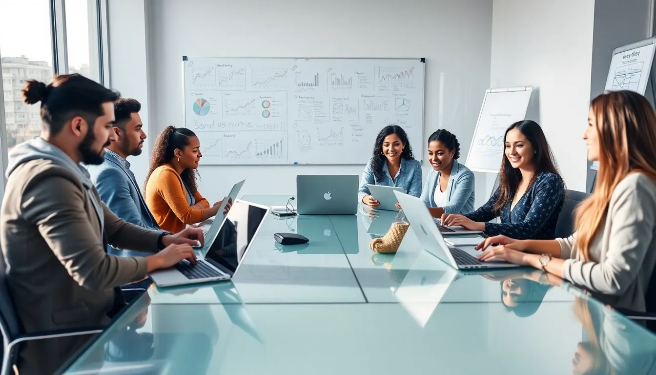 diverse team collaborating on digital marketing strategies in a modern office.