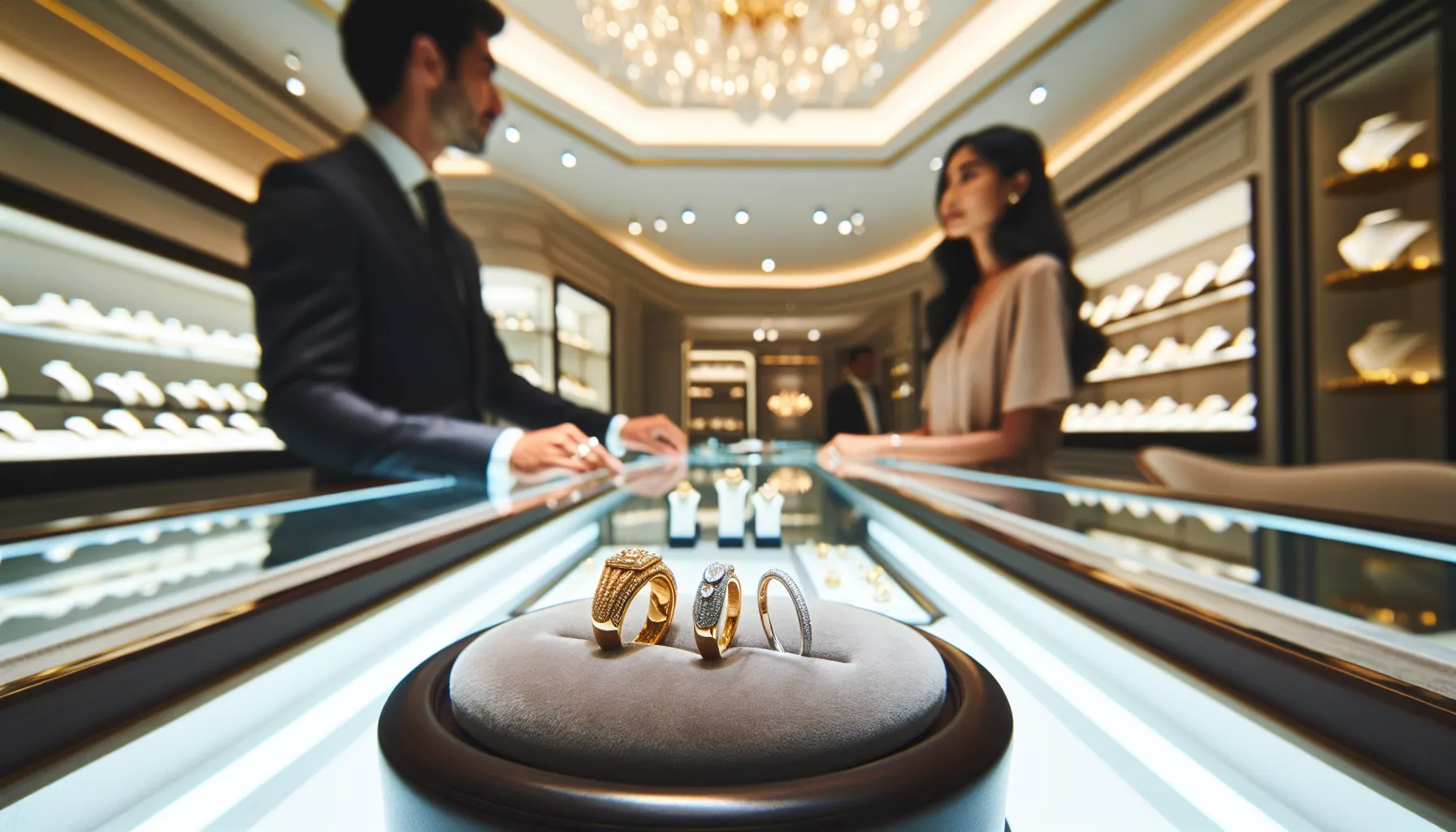 Luxury jewelry counter displaying platinum and gold rings under showroom lighting.