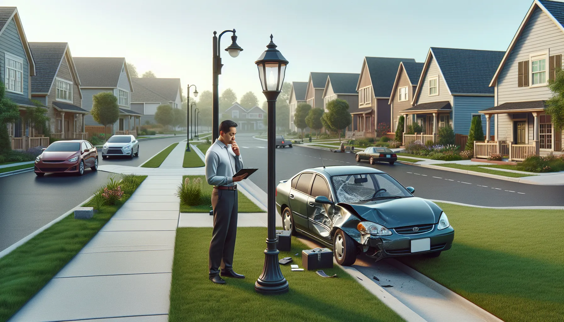 A damaged car near a lamppost in a suburban neighborhood.
