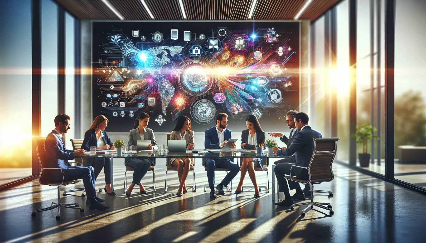 diverse team collaborating in a modern office on digital innovation.