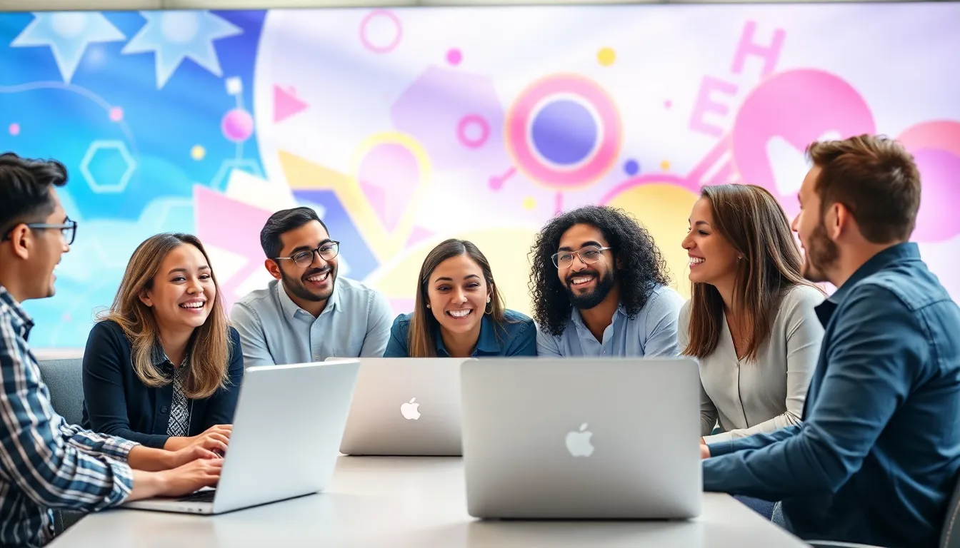 young professionals laughing and discussing internet culture in a modern office.