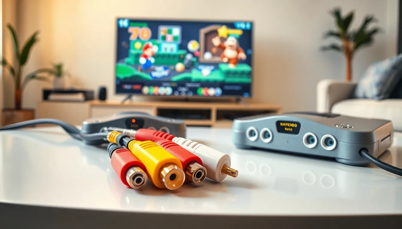 AV cable and Nintendo 64 console in a cozy gaming setup.