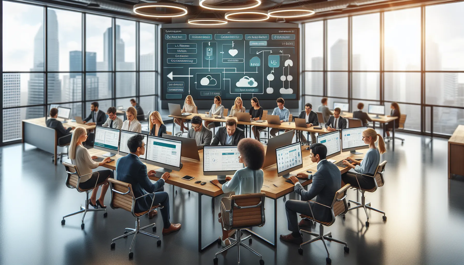 diverse team working on link management software in a modern office.