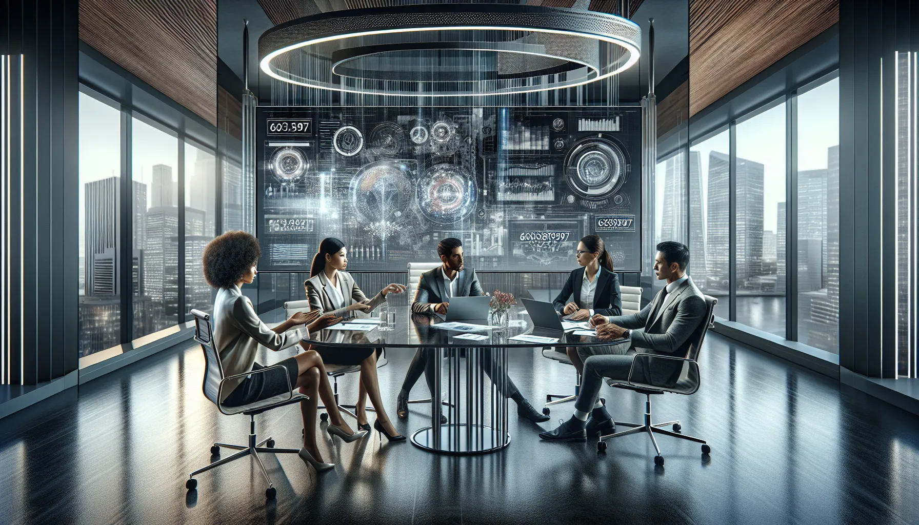 diverse team discussing data in a modern office setting.