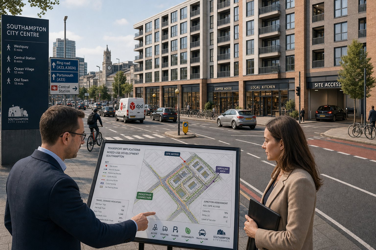 Traffic engineer reviewing a Southampton development site with parking and access plans.