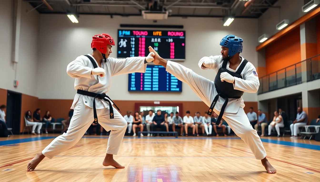 two taekwondo athletes sparring in a modern training facility.